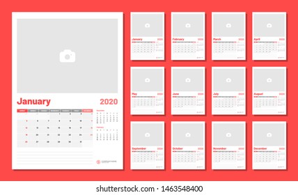 Wall calendar for 2020 year in minimal style with Place for Photo. Week Starts on Sunday. Set of 12 Months.