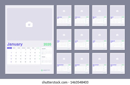 Wall calendar for 2020 year in minimal style with Place for Photo. Week Starts on Sunday. Set of 12 Months.