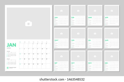 Wall calendar for 2020 year in minimal style with Place for Photo. Week Starts on Sunday. Set of 12 Months.