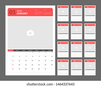 Wall calendar for 2020 year in minimal style with Place for Photo. Week Starts on Sunday. Set of 12 Months.