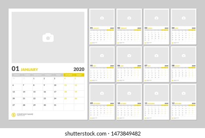 Wall calendar for 2020 year in minimal style with Place for Photo. Week Starts on Monday. Set of 12 Months.