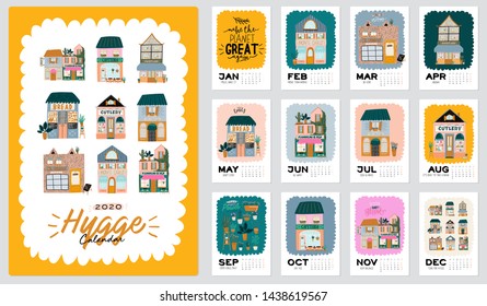 Wall calendar. 2020 Yearly Planner with all Months. Good Organizer and Schedule. Cute house background. Motivational quote lettering. Flat vector illustration in trendy style