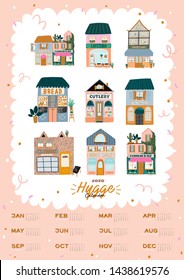 Wall calendar. 2020 Yearly Planner with all Months. Good Organizer and Schedule. Cute house background. Motivational quote lettering. Flat vector illustration in trendy style