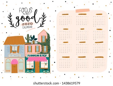 Wall calendar. 2020 Yearly Planner with all Months. Good Organizer and Schedule. Cute house background. Motivational quote lettering. Flat vector illustration in trendy style