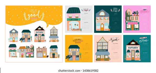 Wall calendar. 2020 Yearly Planner with all Months. Good Organizer and Schedule. Cute house background. Motivational quote lettering. Flat vector illustration in trendy style