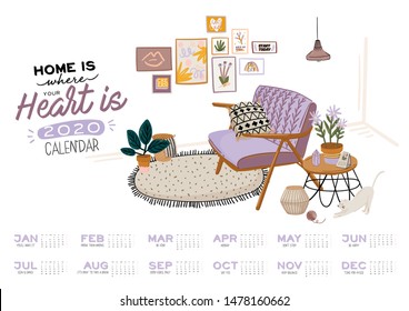 Wall calendar. 2020 Yearly Planner with all Months. Good school Organizer and Schedule. Cute home interior background. Motivational quote lettering. Flat vector illustration in trendy style