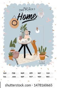 Wall calendar. 2020 Yearly Planner with all Months. Good school Organizer and Schedule. Cute home interior background. Motivational quote lettering. Flat vector illustration in trendy style
