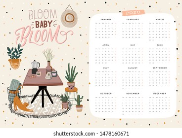 Wall calendar. 2020 Yearly Planner with all Months. Good school Organizer and Schedule. Cute home interior background. Motivational quote lettering. Flat vector illustration in trendy style