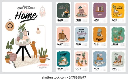 Wall Calendar. 2020 Yearly Planner With All Months. Good School Organizer And Schedule. Cute Home Interior Background. Motivational Quote Lettering. Flat Vector Illustration In Trendy Style
