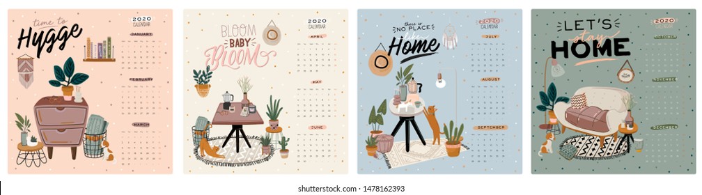 Wall calendar. 2020 Yearly Planner with all Months. Good school Organizer and Schedule. Cute home interior background. Motivational quote lettering. Flat vector illustration in trendy style