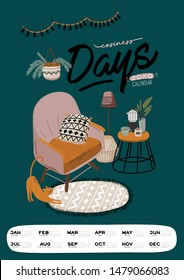 Wall calendar. 2020 Yearly Planner with all Months. Good school Organizer and Schedule. Cute home interior background. Motivational quote lettering. Flat vector illustration in trendy style