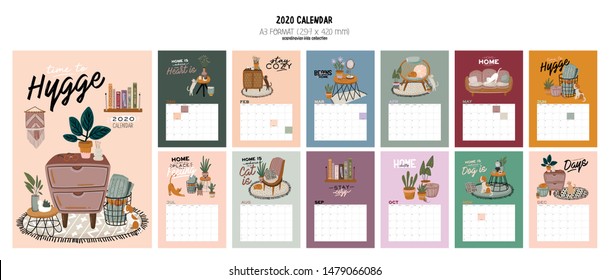 Wall Calendar. 2020 Yearly Planner With All Months. Good School Organizer And Schedule. Cute Home Interior Background. Motivational Quote Lettering. Flat Vector Illustration In Trendy Style