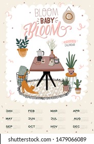 Wall calendar. 2020 Yearly Planner with all Months. Good school Organizer and Schedule. Cute home interior background. Motivational quote lettering. Flat vector illustration in trendy style
