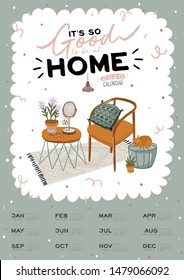 Wall calendar. 2020 Yearly Planner with all Months. Good school Organizer and Schedule. Cute home interior background. Motivational quote lettering. Flat vector illustration in trendy style
