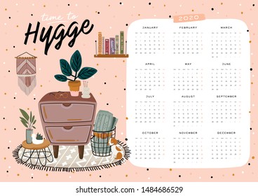 Wall calendar. 2020 Yearly Planner with all Months. Good school Organizer and Schedule. Cute home interior background. Motivational quote lettering. Flat vector illustration in trendy style