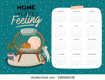 Wall calendar. 2020 Yearly Planner with all Months. Good school Organizer and Schedule. Cute home interior background. Motivational quote lettering. Flat vector illustration in trendy style