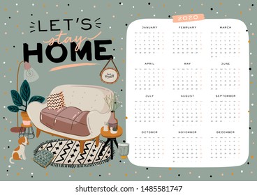 Wall calendar. 2020 Yearly Planner with all Months. Good school Organizer and Schedule. Cute home interior background. Motivational quote lettering. Flat vector illustration in trendy style