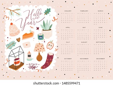 Wall calendar. 2020 Yearly Planner with all Months. Good school Organizer and Schedule. Cute cozy home background. Motivational quote lettering. Flat vector illustration in trendy style