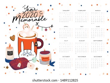 Wall calendar. 2020 Yearly Planner with all Months. Good school Organizer and Schedule. Cute cozy home background. Motivational quote lettering. Flat vector illustration in trendy style