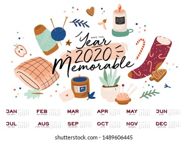 Wall calendar. 2020 Yearly Planner with all Months. Good school Organizer and Schedule. Cute cozy home background. Motivational quote lettering. Flat vector illustration in trendy style