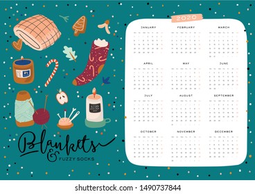 Wall calendar. 2020 Yearly Planner with all Months. Good school Organizer and Schedule. Cute cozy home background. Motivational quote lettering. Flat vector illustration in trendy style