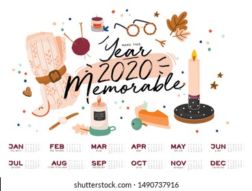 Wall calendar. 2020 Yearly Planner with all Months. Good school Organizer and Schedule. Cute cozy home background. Motivational quote lettering. Flat vector illustration in trendy style