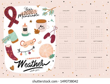 Wall calendar. 2020 Yearly Planner with all Months. Good school Organizer and Schedule. Cute cozy home background. Motivational quote lettering. Flat vector illustration in trendy style