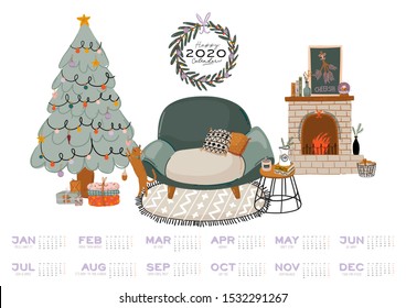 Wall calendar. 2020 Yearly Planner with all Months. Good school Organizer and Schedule. Christmas home interior background. Motivational quote lettering. Flat vector illustration in trendy style