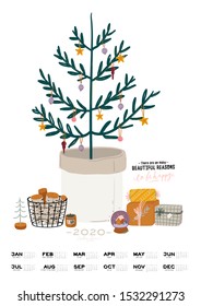 Wall calendar. 2020 Yearly Planner with all Months. Good school Organizer and Schedule. Christmas home interior background. Motivational quote lettering. Flat vector illustration in trendy style