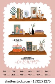 Wall calendar. 2020 Yearly Planner with all Months. Good school Organizer and Schedule. Christmas home interior background. Motivational quote lettering. Flat vector illustration in trendy style