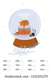 Wall calendar. 2020 Yearly Planner with all Months. Good school Organizer and Schedule. Christmas home interior background. Motivational quote lettering. Flat vector illustration in trendy style