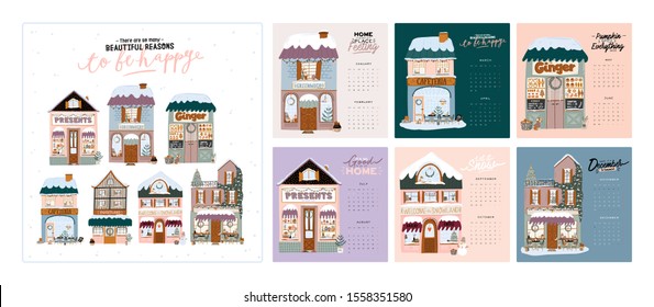 Wall calendar. 2020 Yearly Planner with all Months. Good Organizer and Schedule. Cute winter house background. Motivational quote lettering. Flat vector illustration in trendy style