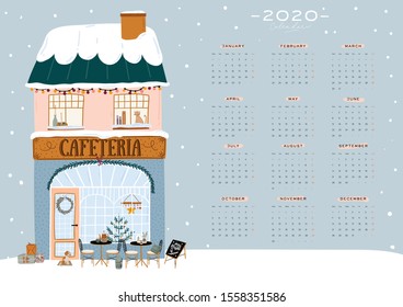 Wall calendar. 2020 Yearly Planner with all Months. Good Organizer and Schedule. Cute winter house background. Motivational quote lettering. Flat vector illustration in trendy style