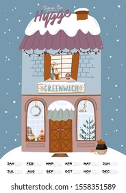 Wall calendar. 2020 Yearly Planner with all Months. Good Organizer and Schedule. Cute winter house background. Motivational quote lettering. Flat vector illustration in trendy style