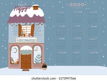 Wall calendar. 2020 Yearly Planner with all Months. Good Organizer and Schedule. Cute winter house background. Motivational quote lettering. Flat vector illustration in trendy style