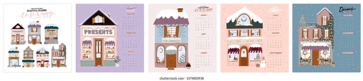 Wall calendar. 2020 Yearly Planner with all Months. Good Organizer and Schedule. Cute winter house background. Motivational quote lettering. Flat vector illustration in trendy style