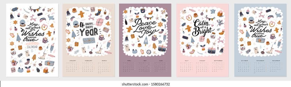 Wall calendar. 2020 Yearly Planner with all Months. Good school Organizer and Schedule. Christmas home interior background. Motivational quote lettering. Flat vector illustration in trendy style