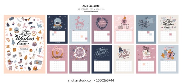 Wall calendar. 2020 Yearly Planner with all Months. Good school Organizer and Schedule. Christmas home interior background. Motivational quote lettering. Flat vector illustration in trendy style