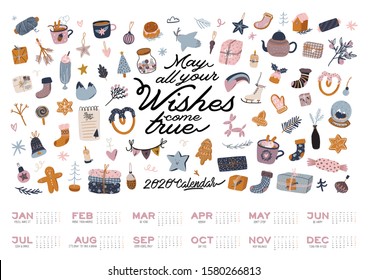 Wall calendar. 2020 Yearly Planner with all Months. Good school Organizer and Schedule. Christmas home interior background. Motivational quote lettering. Flat vector illustration in trendy style