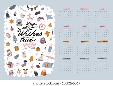Wall calendar. 2020 Yearly Planner with all Months. Good school Organizer and Schedule. Christmas home interior background. Motivational quote lettering. Flat vector illustration in trendy style