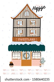 Wall calendar. 2020 Yearly Planner with all Months. Good Organizer and Schedule. Cute winter house background. Motivational quote lettering. Flat vector illustration in trendy style