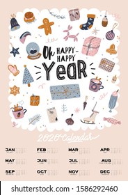 Wall calendar. 2020 Yearly Planner with all Months. Good school Organizer and Schedule. Christmas home interior background. Motivational quote lettering. Flat vector illustration in trendy style