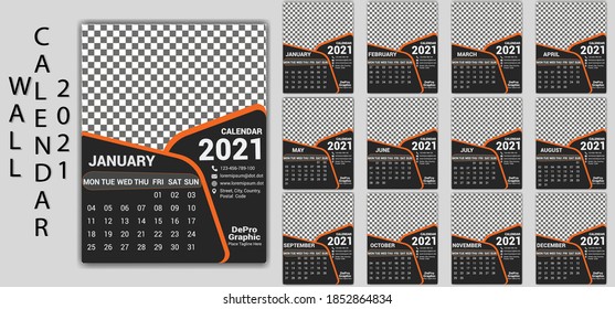 Wall Calendar 2021 in abstract drawings. Set of clean minimal monthly wall calendar template design for corporate to place photo company logo. And a 12 month editable planner week start from Monday
