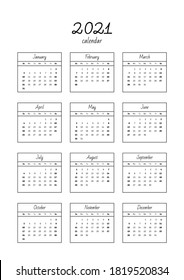 Wall calendar 2021. Blank printable vertical one-page calendar. Vector 8 EPS.