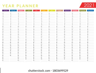 Wall calendar 2021. Colorful yearly planner. Vector, horizontal template