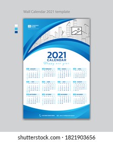 Ilustración vectorial de la plantilla de diseño del calendario de pared 2021 con el logotipo Place for Photo and Company. La semana empieza el lunes. Conjunto de 12 meses, diseño de calendario de escritorio, impresión, afiche, anuncio.