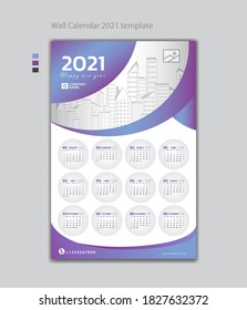 Wall calendar 2021 design template vector illustration with Place for Photo and Company Logo. Week Starts on Monday. Set of 12 Months, desk calendar design, printing, poster, advertisement.