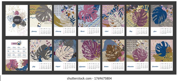 
Wall Calendar 2021 with exotic tropical plants. Contemporary mix of monstera leaves with abstract design elements. Grunge textures, terrazzo, paint strokes, hand-drawn lines. Vector illustration.