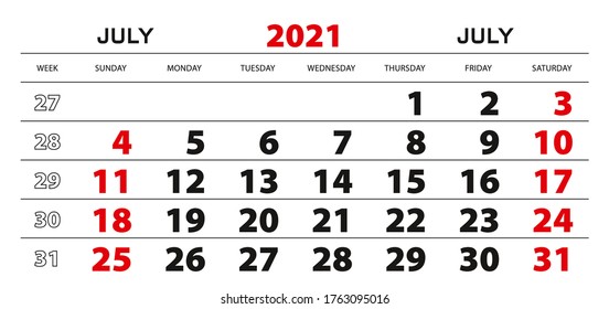 Wall calendar 2021 for july, week start from sunday. Block size 297x140 mm.