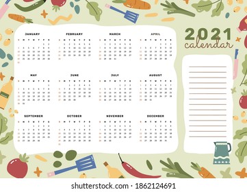 Wall Calendar 2021 With Kitchen Utensils Illustration